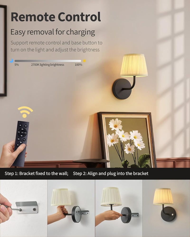 PUSU LED Cordless Black H9.6 inch Small Wall Sconces Set of 2, Rechargeable 5200mAh Battery Operated Fabric Wall Lamp with Remote, Lighting for Living Room, Bedroom, Hallway, Bathroom, Stairs, Kitchen - Image 4